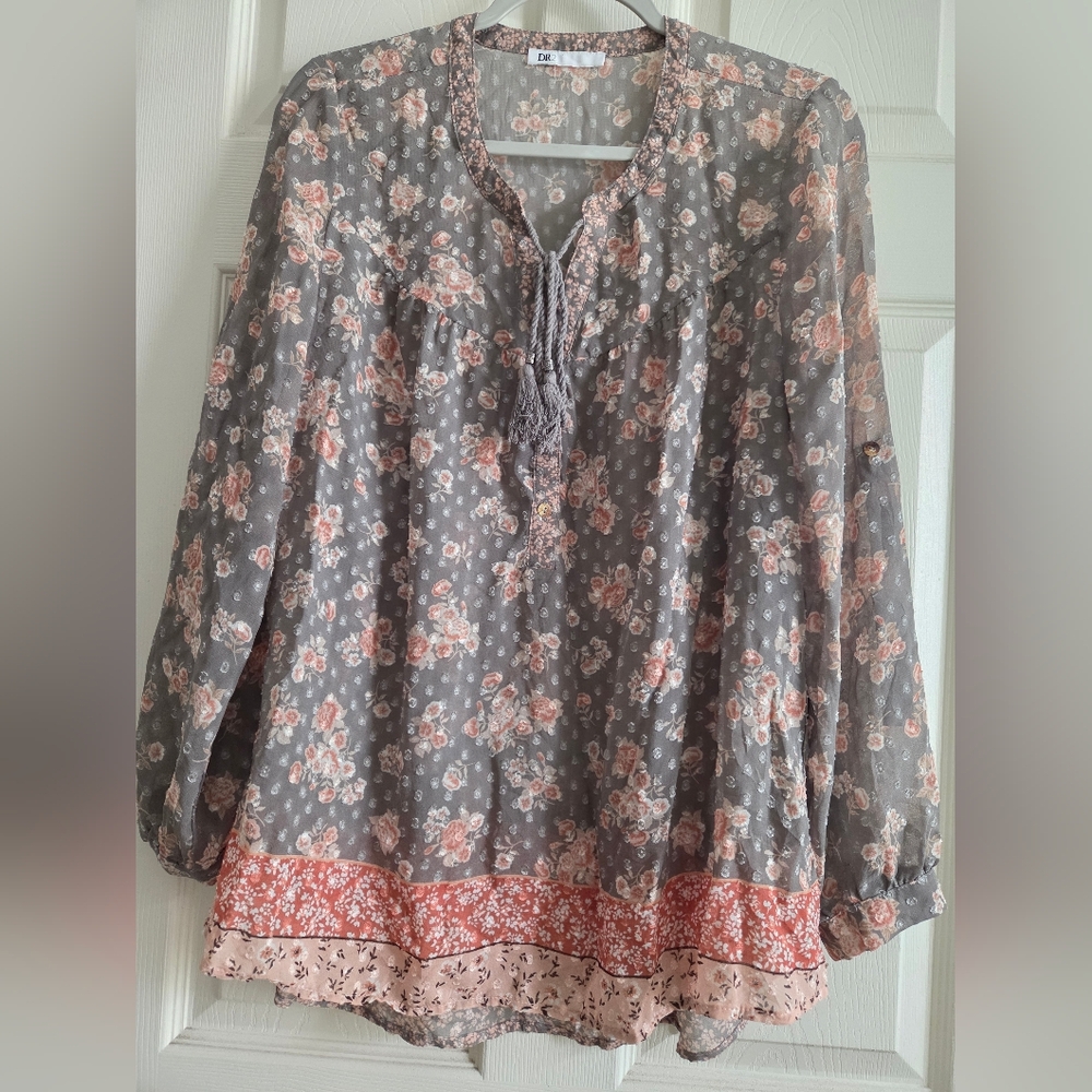 DR2 Women's Floral Semi-Sheer Long Sleeve Blouse Size M